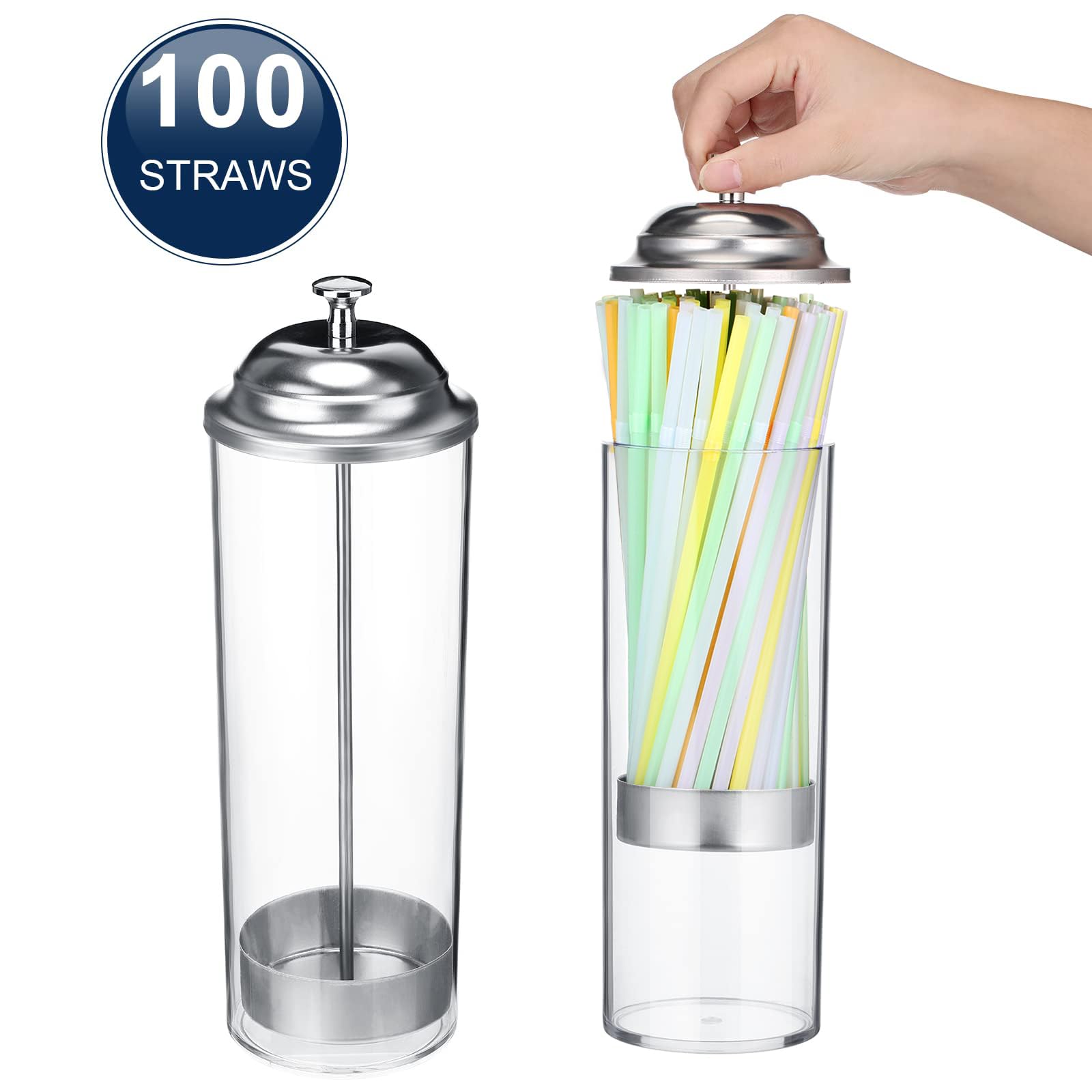 Patelai Plastic Straw Dispenser And 100 Pcs Drinking Straw Organizer Container With Stainless Steel Lid Transparent Drinking Str